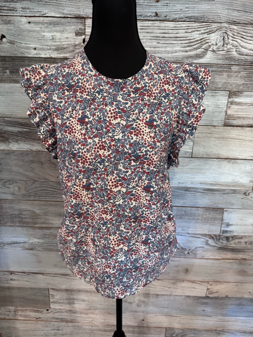 Ruffle Sleeve Floral Blouse - Cream, Blue & Red